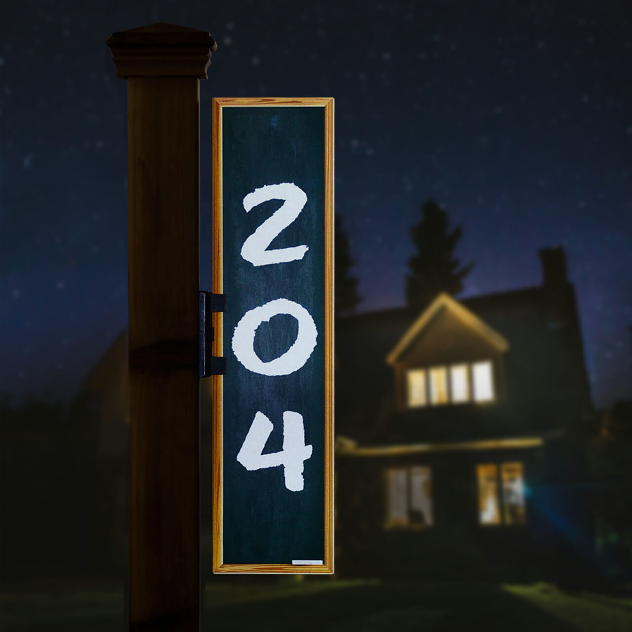 Chalkboard House Address (Double Sided) Sign at Night